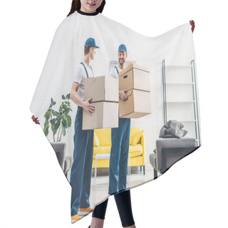 Personality  Two Movers In Uniform Carrying Cardboard Boxes In Modern Apartment Hair Cutting Cape