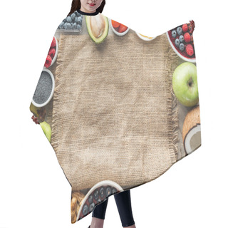 Personality  Top View Of Frame Made Of Smoothie Bowls And Fresh Ingredients On Sackcloth With Copy Space Hair Cutting Cape
