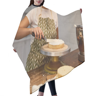 Personality  Cropped View Of Confectioner Putting Cream With Spatula On Cake Layer Hair Cutting Cape