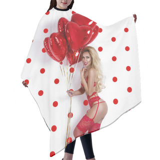 Personality  Valentine Beauty Girl With Red Air Balloon Isolated On Polka Dots Background. Beautiful Happy Young Woman In Red Erotic Lingerie. Holiday Party, Birthday. Joyful Model - Image Hair Cutting Cape