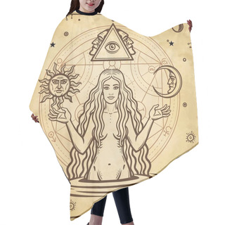 Personality   Alchemical Drawing: Young Beautiful Woman, Eve's Image, Fertility, Temptation. Esoteric, Mystic, Occultism. Symbols Of The Sun And Moon. Background - Imitation Of Old Paper. Vector Illustration. Hair Cutting Cape