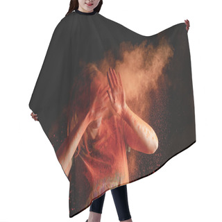 Personality  Woman Covering Face From Orange Colorful Holi Paint Cloud On Black Background Hair Cutting Cape