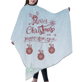 Personality  Vector With Merry Christmas And Happy New Year Lettering Near Christmas Balls And Falling Snow On Blue Hair Cutting Cape