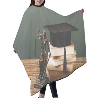 Personality  Themis Statuette, Books And Academic Cap On Wooden Surface Isolated On Grey Hair Cutting Cape
