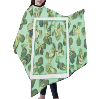 Personality  Top View Of White Square Frame And Beautiful Fresh Green Leaves On Green Hair Cutting Cape
