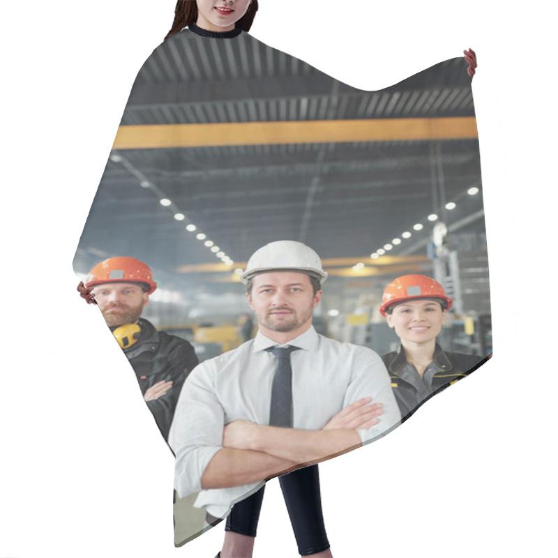 Personality  Confident Factory Team Of Professionals In Hardhats Standing With Crossed Arms In Contemporary Shop Of Large Plant Hair Cutting Cape