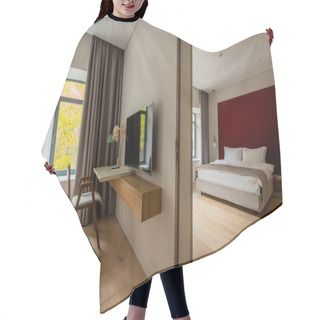 Personality  Flat Tv Screen Near Wooden Desk And Chair Next To Bedroom In Hotel Room  Hair Cutting Cape