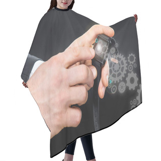 Personality  Businessman Using Smart Watch Hair Cutting Cape