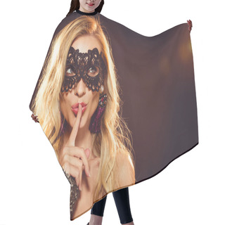 Personality  Attractive Blonde Woman In Carnival Mask With Silence Gesture Hair Cutting Cape