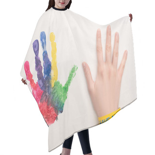 Personality  Cropped View Of Female Hand With Autism Bracelet On White With Colorful Handprint Hair Cutting Cape