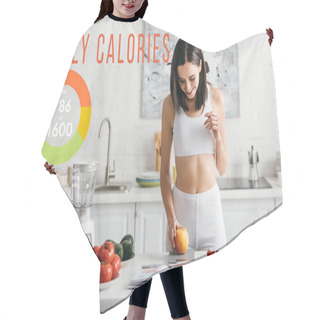 Personality  Fit Sportswoman Weighing Food On Kitchen Table, Daily Calories Illustration Hair Cutting Cape
