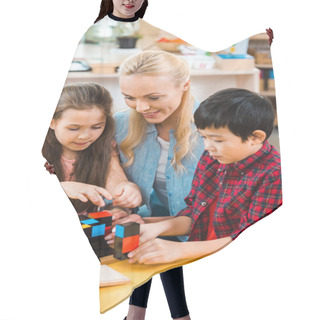 Personality  Children Playing Building Blocks By Smiling Teacher In Montessori School Hair Cutting Cape