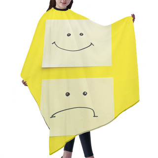Personality  Top View Of Sticky Notes With Joyful And Sad Smileys On Bright Yellow Background Hair Cutting Cape