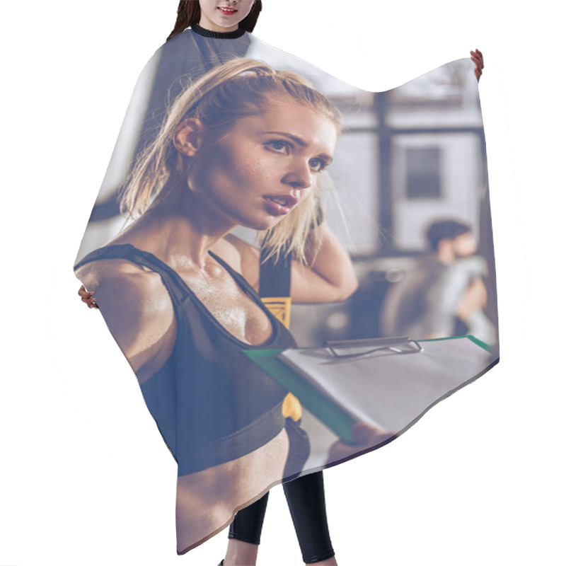 Personality  Sportive Woman With Trx Equipment Hair Cutting Cape