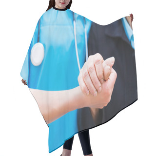 Personality  Caring Nurse Holding Elderly Hands Hair Cutting Cape