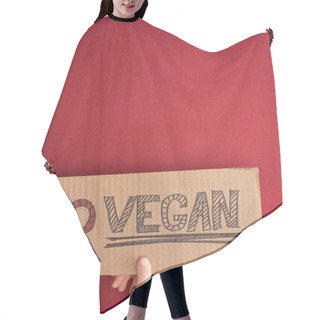 Personality  Partial View Of Woman Holding Cardboard With Go Vegan Inscription On Red Background Hair Cutting Cape