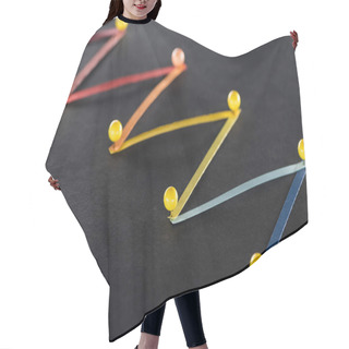 Personality  Multicolored Abstract Connected Lines With Pins On Black Background, Connection And Communication Concept Hair Cutting Cape