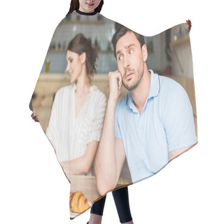 Personality  Unhappy Couple In Cafe Hair Cutting Cape