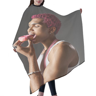 Personality  Handsome African American Man With Pink Hair And Suspenders Eating Tasty Donut, Fashion And Style Hair Cutting Cape