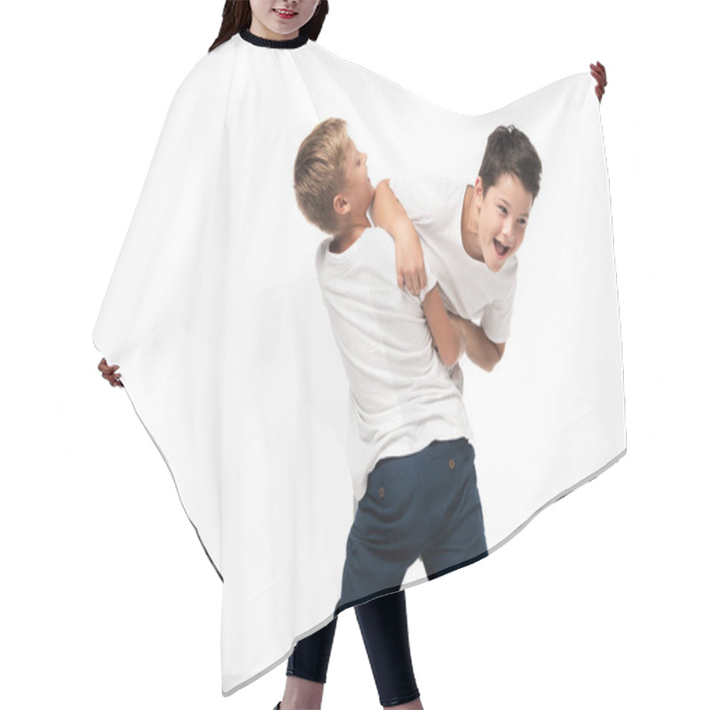 Personality  Two Brothers Having Fun While Imitating Fighting Isolated On White Hair Cutting Cape