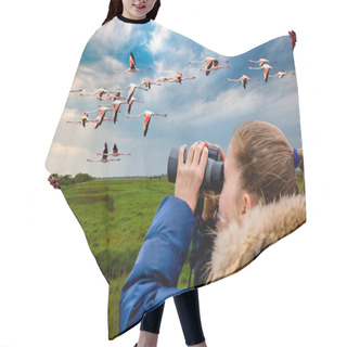Personality  Young Girl Watching Flamingos Through Binoculars Against The Background Of The Nature. Observation Of Birds. Birdwatching Hair Cutting Cape