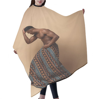 Personality  Sexy Naked Tribal Afro Man Covered In Blanket Posing On Beige Hair Cutting Cape