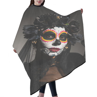 Personality  Woman In Catrina Makeup And Wreath With Dark Veil On Black Background  Hair Cutting Cape