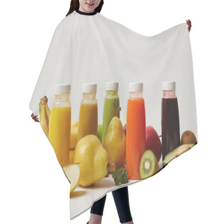 Personality  Fresh Fruits And Detox Smoothies In Bottles On White Wooden Surface    Hair Cutting Cape