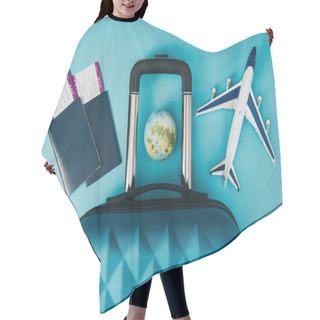 Personality  Top View Of Globe And Plane Models, Travel Bag And Passports With Tickets On Blue Background Hair Cutting Cape