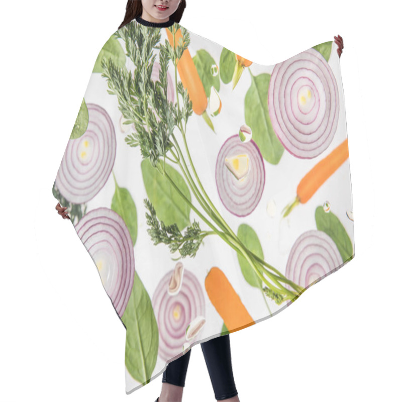 Personality  Background With Carrots, Red Onions, Spinach Leaves And Water Bubbles Hair Cutting Cape