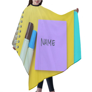Personality  Concept Of Name Write On Sticky Notes Isolated On Wooden Table. Hair Cutting Cape