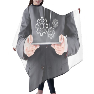 Personality  Businessman With Tablet With Virtual Image Hair Cutting Cape