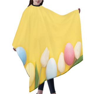 Personality  Top View Of Tulips And Painted Easter Eggs On Colorful Yellow Background Hair Cutting Cape