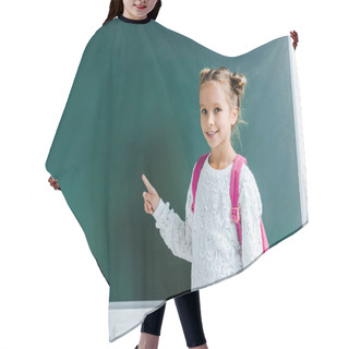 Personality  Cheerful Kid Smiling While Pointing With Finger At Green Chalkboard  Hair Cutting Cape