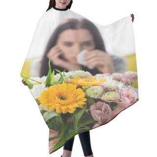 Personality  Selective Focus Of Flowers Near Woman Suffering From Allergy On Blurred Background Hair Cutting Cape