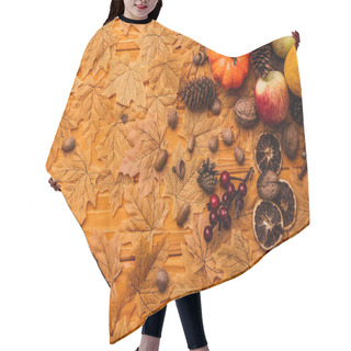Personality  Top View Of Autumnal Decoration And Food On Golden Foliage On Wooden Background Hair Cutting Cape