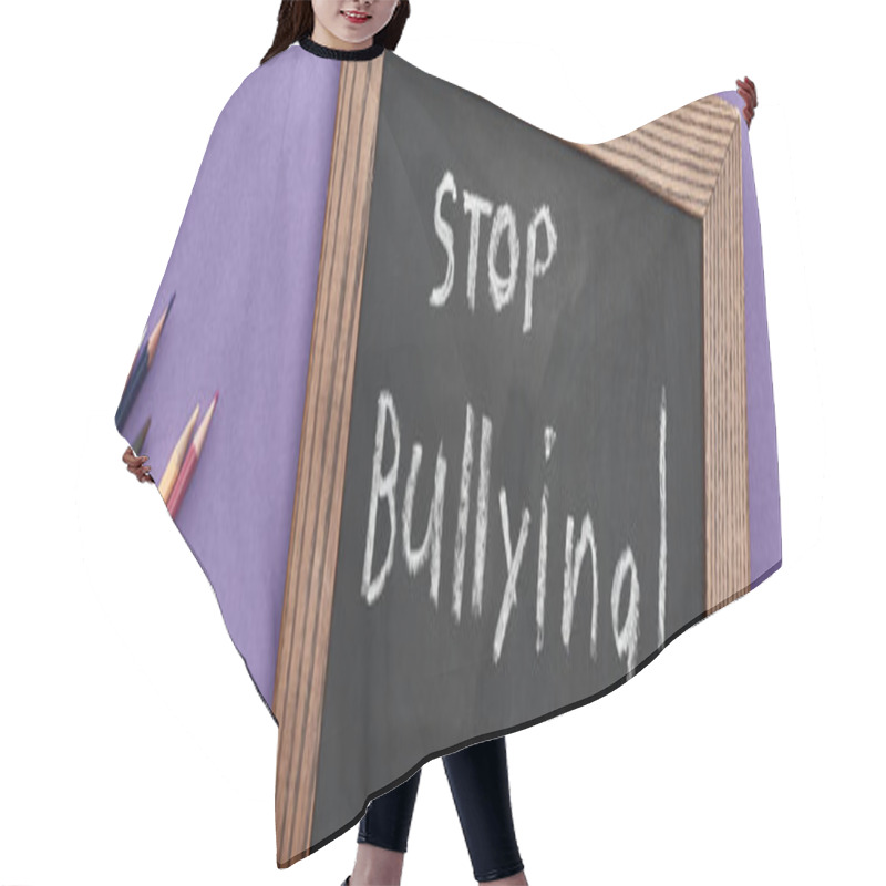 Personality  Panoramic Shot Of Chalkboard In Wooden Frame With Stop Bullying Lettering Near Colored Pencils On Purple Background Hair Cutting Cape