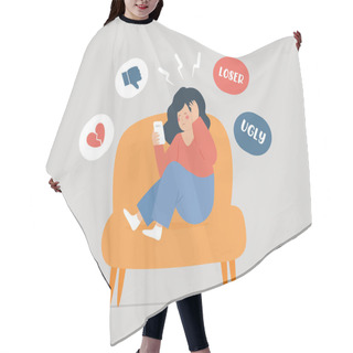 Personality  Sad Woman Suffers From Abuse, And Mockery On The Internet. Teenage Girl Victim Of Cyberbullying And Scorn On Social Media, Checks Her Mobile And Reads Insults. Cyber Bullying Concept. Vector Stock Hair Cutting Cape