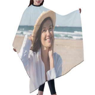 Personality  Portrait Of Happy Young Woman In White Shirt And Sun Hat On Beach  Hair Cutting Cape