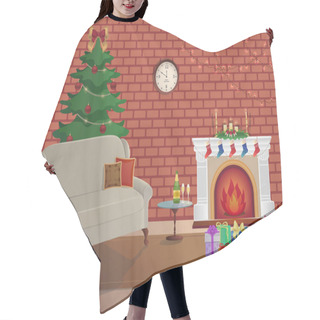 Personality  Merry Christmas Room Interior On A Brick Background With A Fireplace, Christmas Tree, Couch, Gift Boxes, Wall Clock. Candles Socks And Decorations. Waiting For The New Year And Christmas Card. Vector Hair Cutting Cape