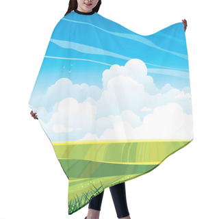 Personality  Group Of Clouds And Green Field On A Blue Sky. Hair Cutting Cape