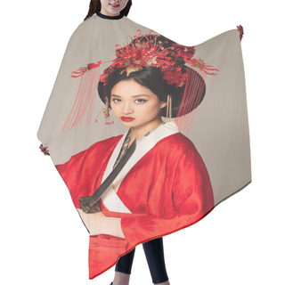 Personality  Japanese Woman In Traditional Clothes Holding Sword Isolated On Grey  Hair Cutting Cape