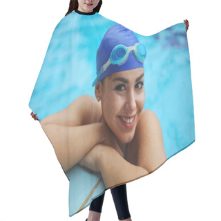 Personality  Beautiful Young Woman Smiling At The Edge Of A Swimming Pool Wearing Swimming Cap And Goggles. Hair Cutting Cape