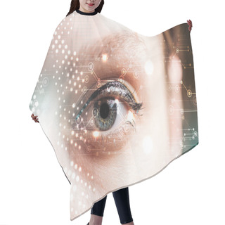 Personality  Close Up View Of Human Eye With Data Illustration, Robotic Concept Hair Cutting Cape