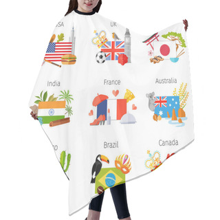 Personality  Travel Collages With Flags And Main Symbols Of Different Countries. Vector Hair Cutting Cape