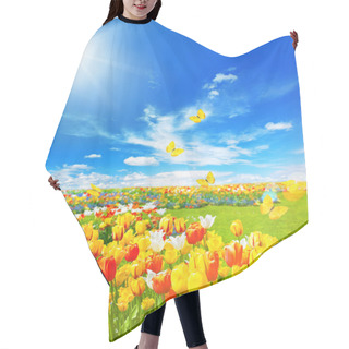 Personality  Tulip Flowers In Green Grass. Hair Cutting Cape