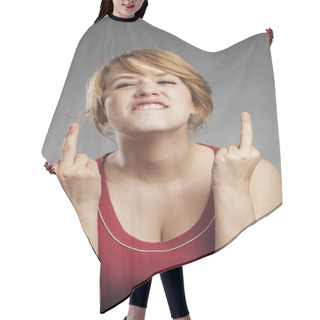 Personality  Teenage Girl In Red Tank Top Showing Obscene Gesture Against Gray Background Hair Cutting Cape