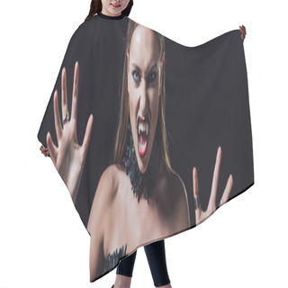 Personality  Panoramic Shot Of Scary Vampire Girl With Fangs In Black Gothic Dress Isolated On Black Hair Cutting Cape