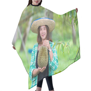 Personality  Asian Women Showing Monthong Durian In The Durian Garden. Hair Cutting Cape