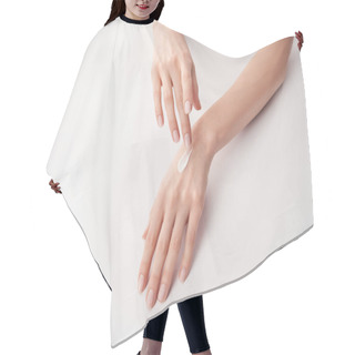 Personality  Partial View Of Woman Applying Cosmetic Cream On White Background Hair Cutting Cape
